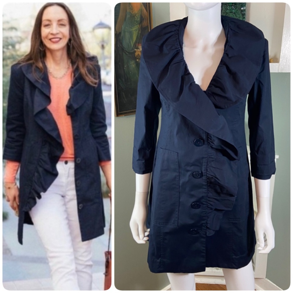 CAbi Pose #6024 Dark Blue Navy Ruffle Trench Coat XSmall XS Jacket Lightweight